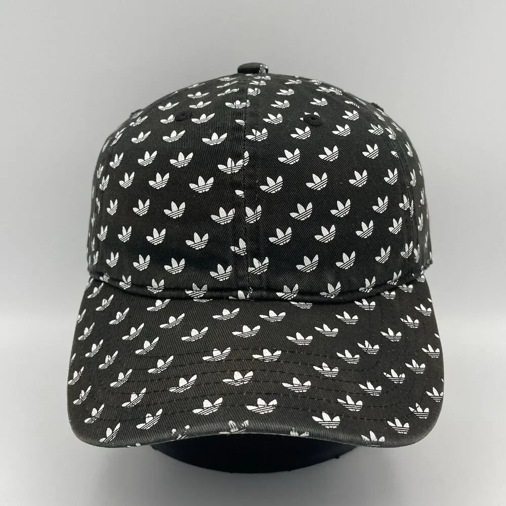 Adidas Trefoil Logo All Over Print Strapback Hat Black White OSFM Adjustable Cap